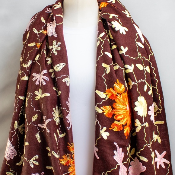 KASHMIRI Floral Shawl | Kashmir Wool Hand-Embroidered Floral Shawl | 72” x 24” - Picture 9 of 11